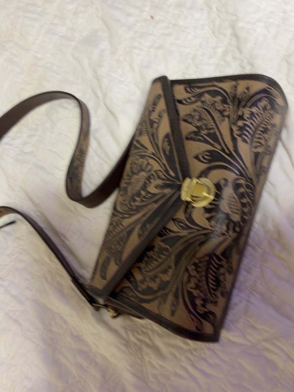Myra Bag Brown Tooled Floral Crossbody with Gold Hardware